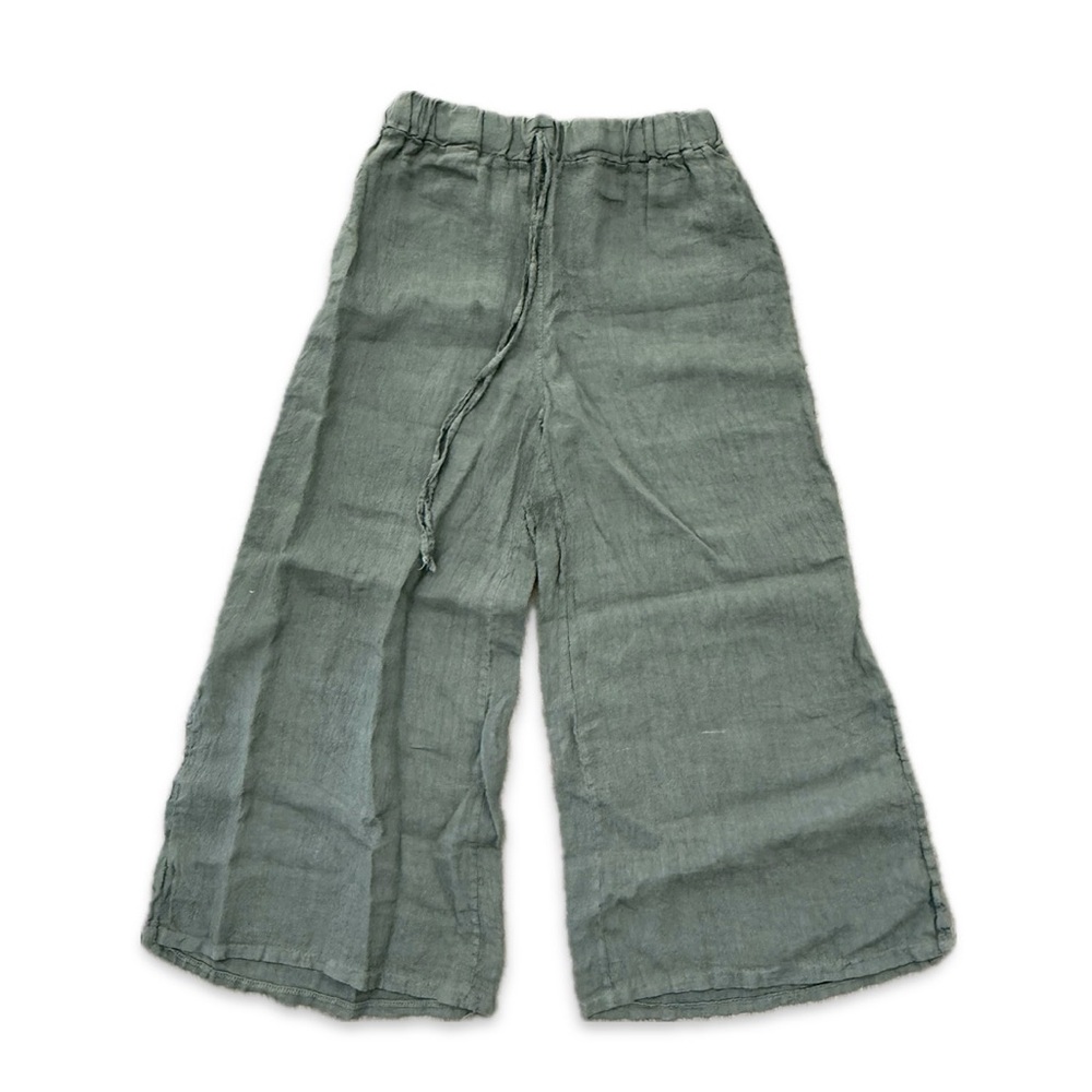 Mahina Green Linen Flowy Pants with Slit
